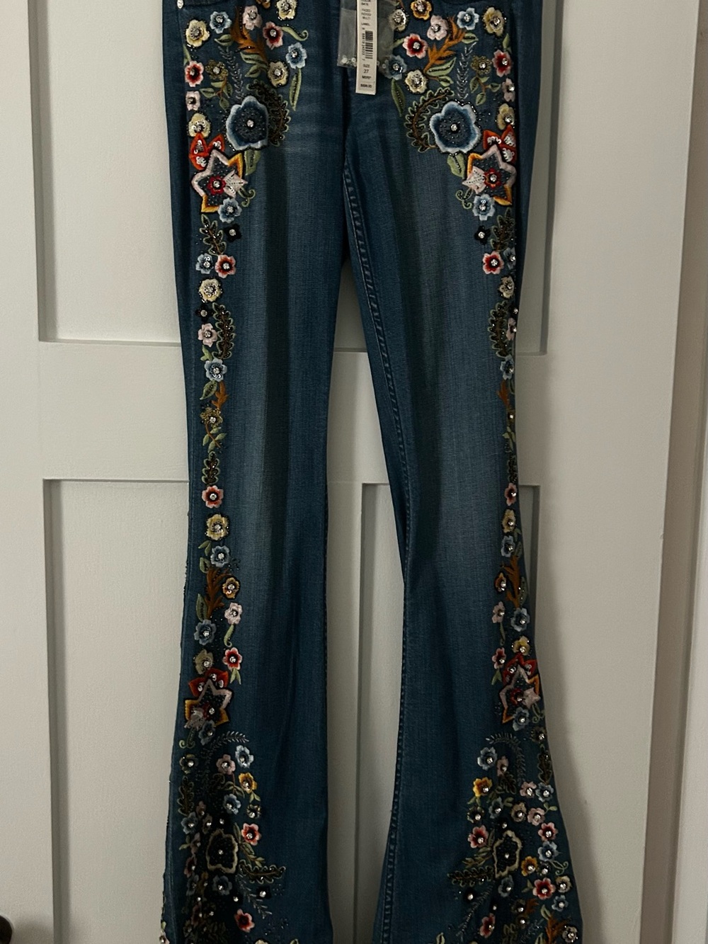 Alice + Olivia Blue Embroidered Flare Jeans with Multicolor Floral Detail